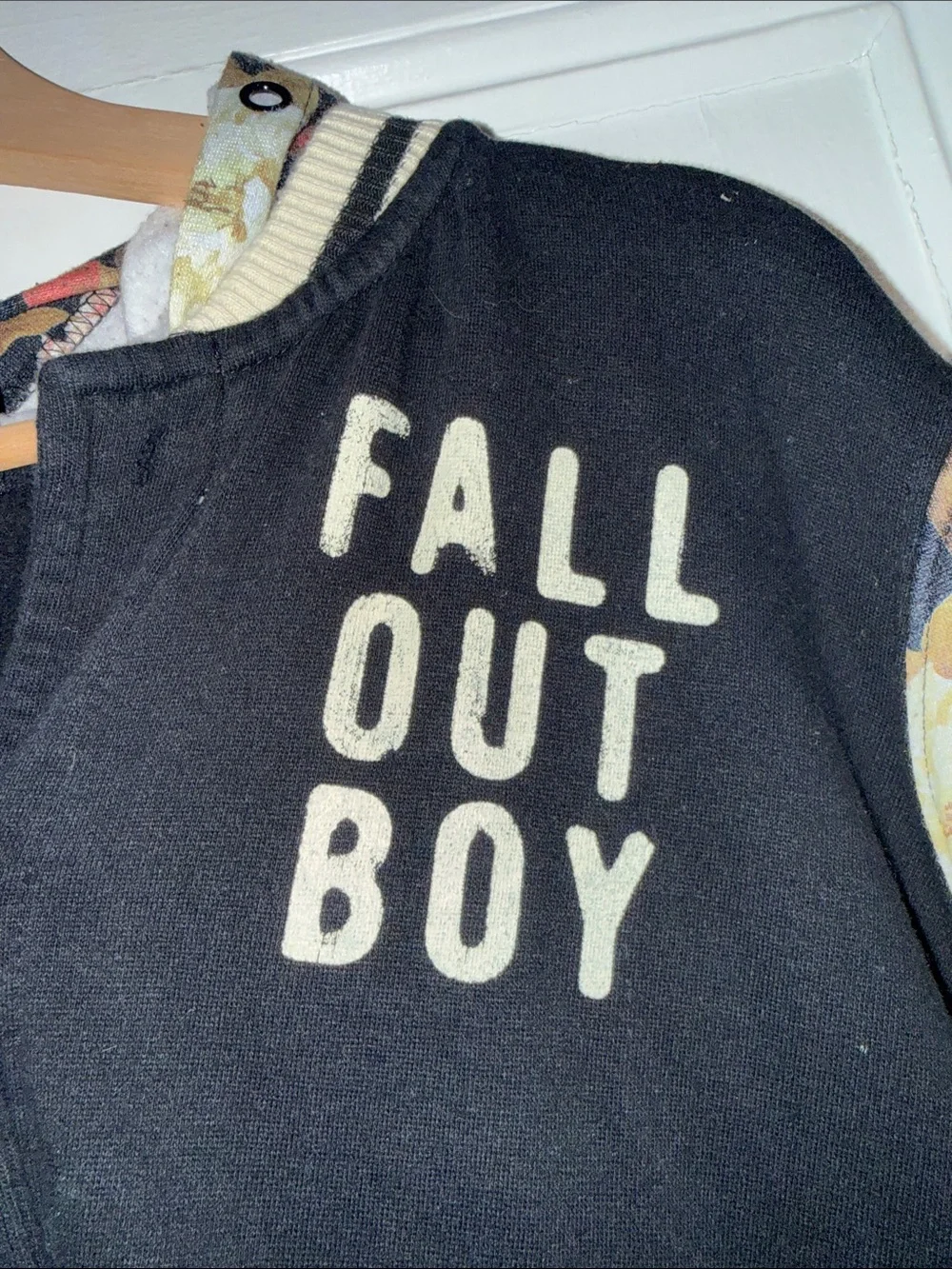 Rare Fall Out Boy Floral Sleeve Varsity Letterman Hooded Jacket Band Merch XL